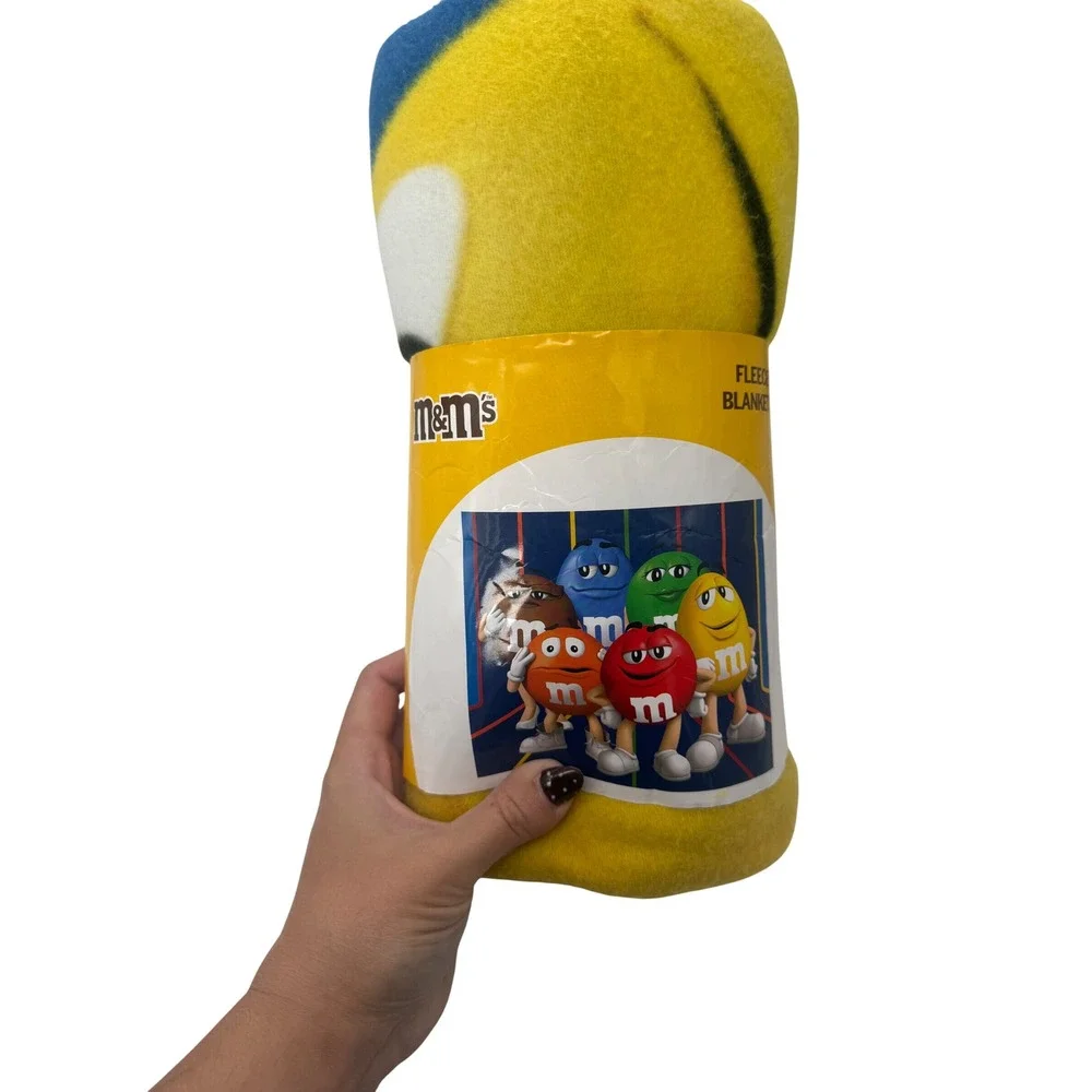 M&M's Character Fleece Throw Blanket Yellow 50x60 Multi Color Candy Graphic NEW